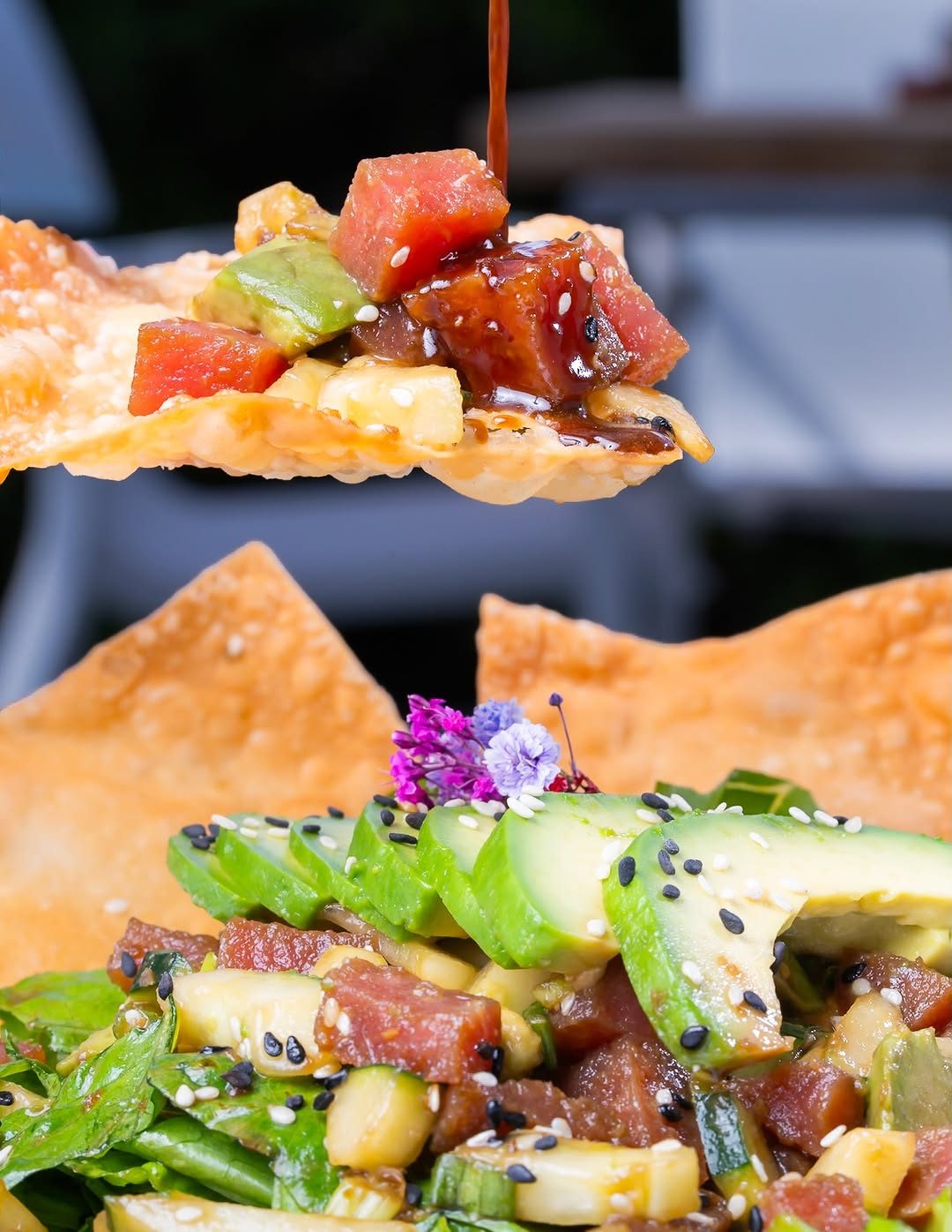 Tuna poke on wonton chips at Sami's on Marco Island