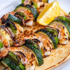 Grilled shrimp kebab on naan at Sami's on Marco Island
